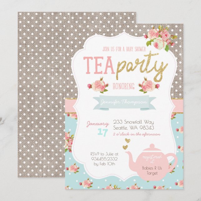 Invitación a Baby Shower de Fiesta del té (Anverso / Reverso)