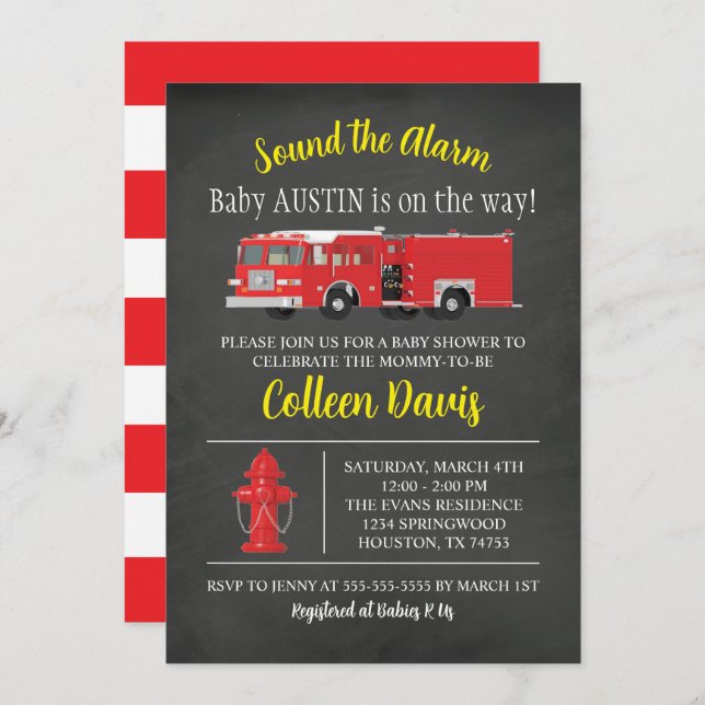 Invitación a Baby Shower de Fire Truck (Anverso / Reverso)