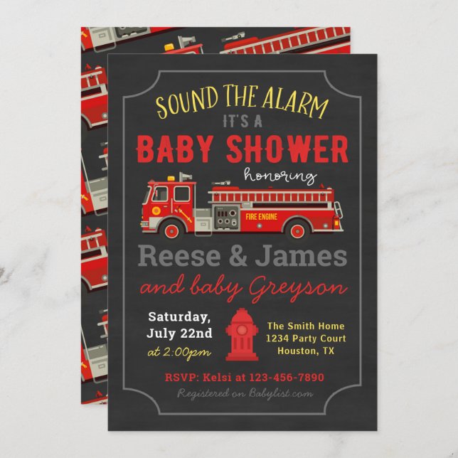 Invitación a Baby Shower de Fire Truck | Camión de (Anverso / Reverso)