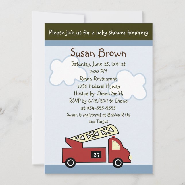 Invitación a Baby Shower de Firetruck 27 del motor (Anverso)
