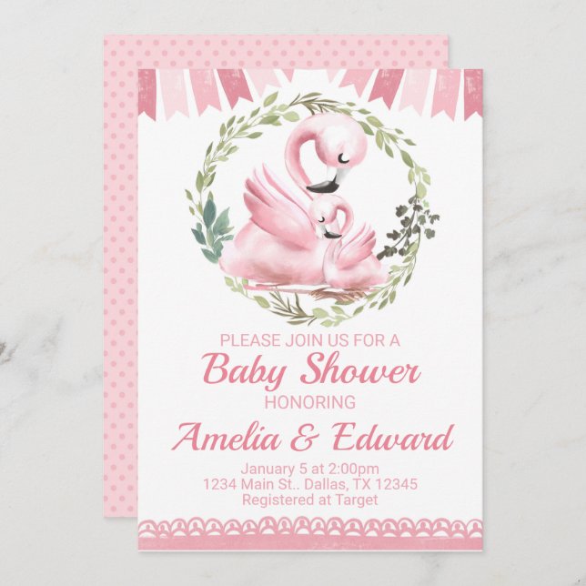 Invitación a Baby Shower de Flamingo (Anverso / Reverso)
