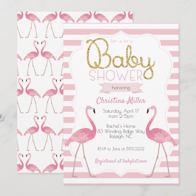 Invitación a Baby Shower de Flamingo (Anverso / Reverso)