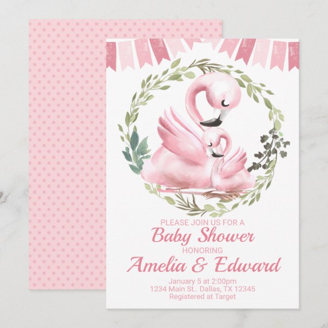 Invitación a Baby Shower de Flamingo (Anverso / Reverso)