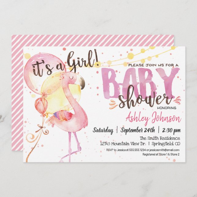 Invitación a Baby Shower de Flamingo Rosa (Anverso / Reverso)