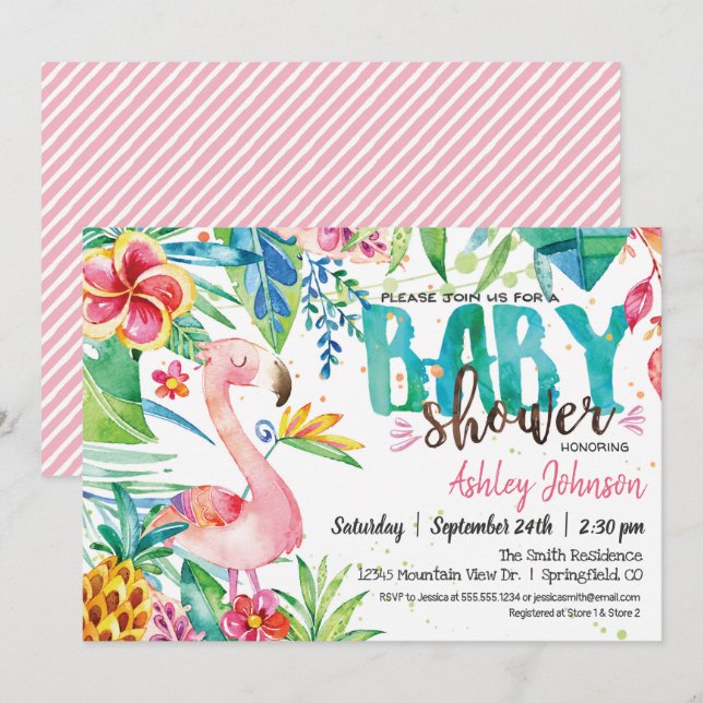 Invitación a Baby Shower de Flamingo Tropical (Anverso / Reverso)