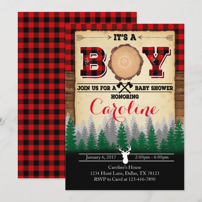 Invitación a Baby Shower de Flannel Lumberjack (Anverso / Reverso)