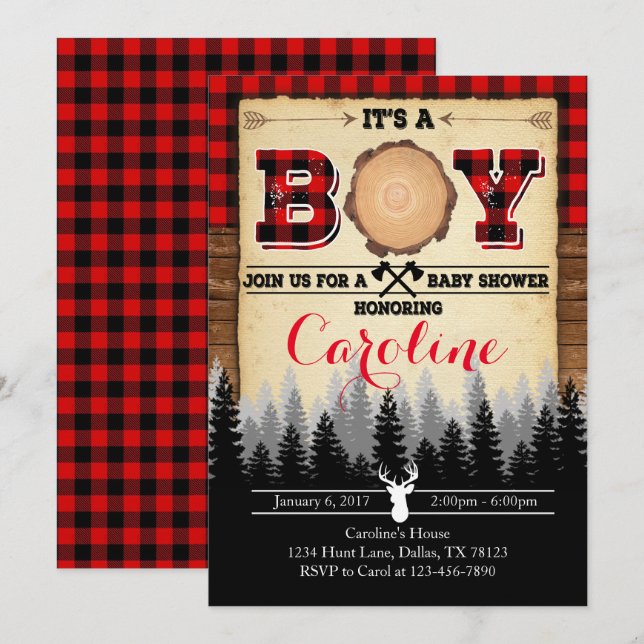 Invitación a Baby Shower de Flannel Lumberjack (Anverso / Reverso)