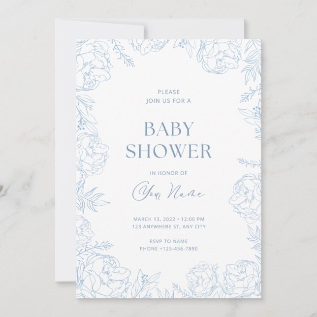 Invitación a Baby Shower de flor azul suave (Anverso)