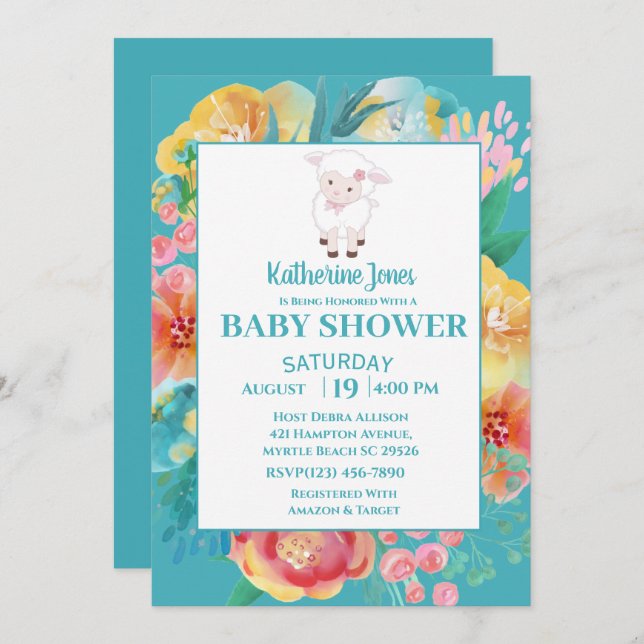 Invitación a Baby Shower de flor azul Verde azulad (Anverso / Reverso)