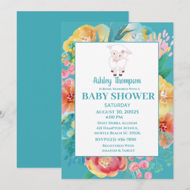Invitación a Baby Shower de flor azul Verde azulad (Anverso / Reverso)