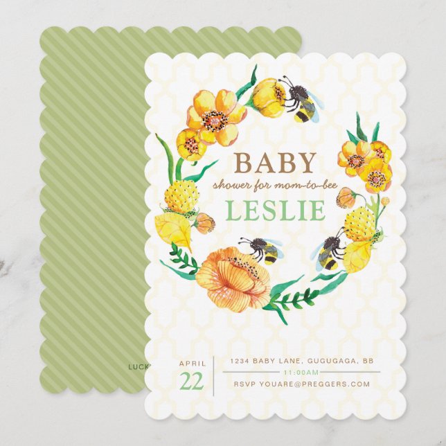 Invitación a Baby Shower de flor de abee (Anverso / Reverso)