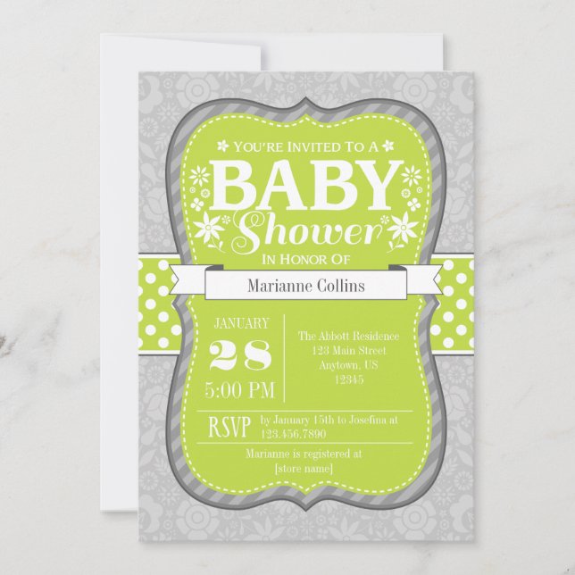 Invitación a Baby Shower de Flor Floral Gris LIme (Anverso)