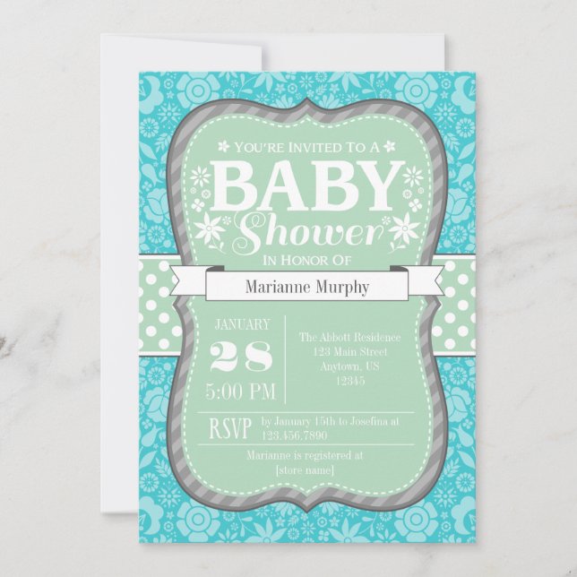Invitación a Baby Shower de flor floral gris Verde (Anverso)