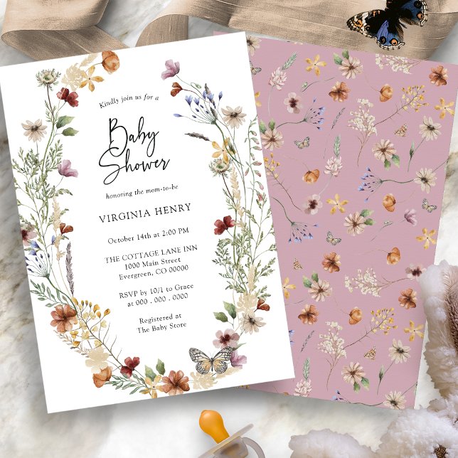 Invitación a Baby Shower de Flor Silvestre Rosa (Dusty Pink Boho Wildflower Baby Shower Invitation with Butterfly by Painted Paperie
)