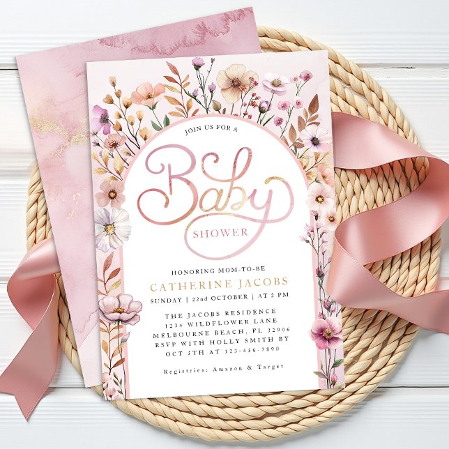 Invitación a Baby Shower de Flor Silvestre Rosa Du (Wildflower Baby Shower Invitation)