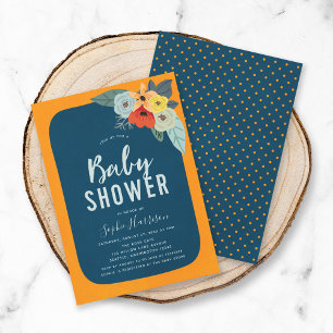 Invitación a Baby Shower de Floral Azul Naranja Rú