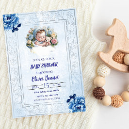 Invitación a Baby Shower de Floral azul vintage
