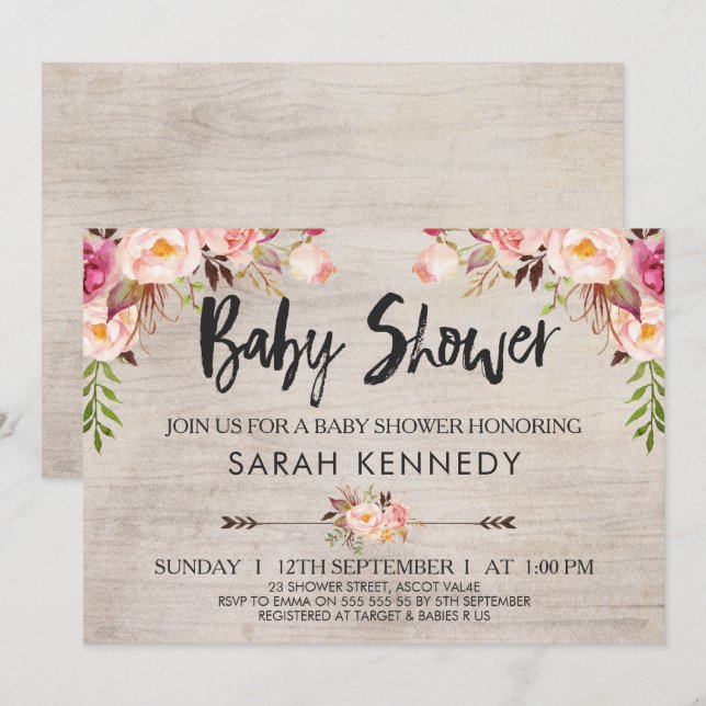 Invitación a Baby Shower de Floral Boho Rustic (Anverso / Reverso)