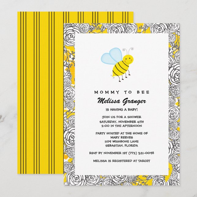 Invitación a Baby Shower de Floral Bumblebee (Anverso / Reverso)