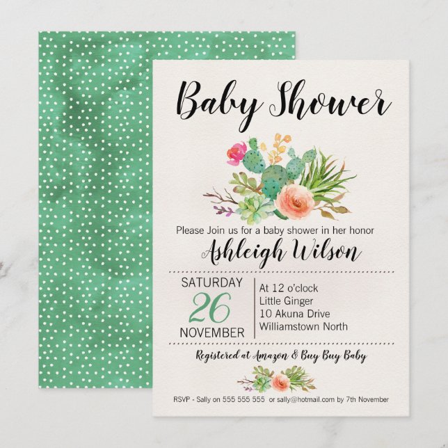 Invitación a Baby Shower de Floral Cactus (Anverso / Reverso)