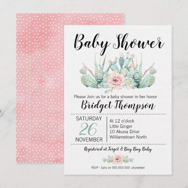 Invitación a Baby Shower de Floral Cactus chicas (Anverso / Reverso)