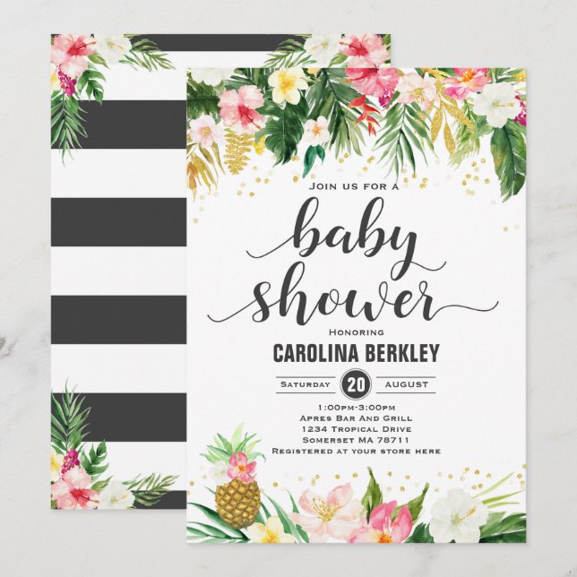 Invitación a Baby Shower de Floral de acuarela tro (Anverso / Reverso)