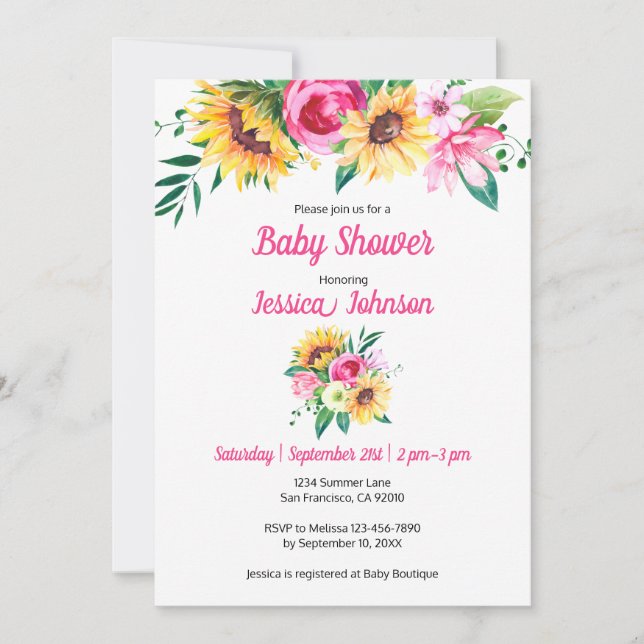 Invitación a Baby Shower de Floral de girasol (Anverso)