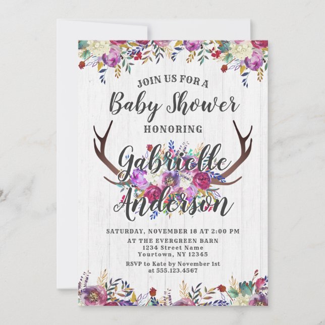 Invitación a Baby Shower de Floral Deer Antler Bou (Anverso)