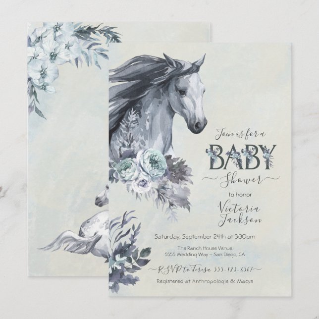 Invitación a Baby Shower de Floral Horse Ranch (Anverso / Reverso)