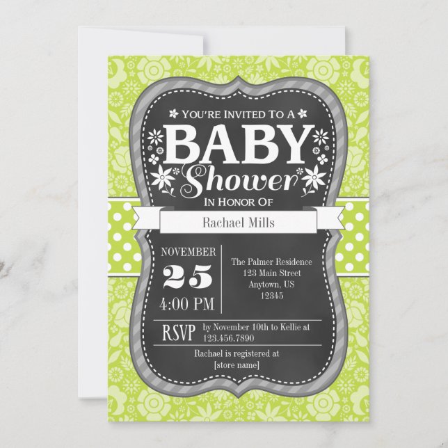 Invitación a Baby Shower de floral Lime Green Chal (Anverso)