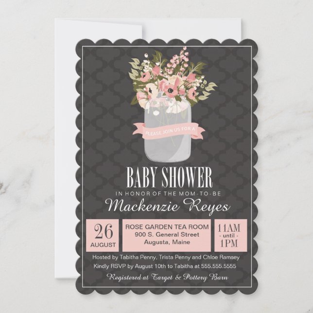 Invitación a Baby Shower de Floral Mason Jar (Anverso)