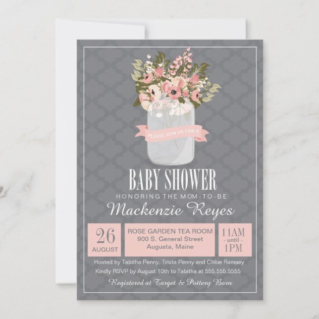 Invitación a Baby Shower de Floral Mason Jar (Anverso)