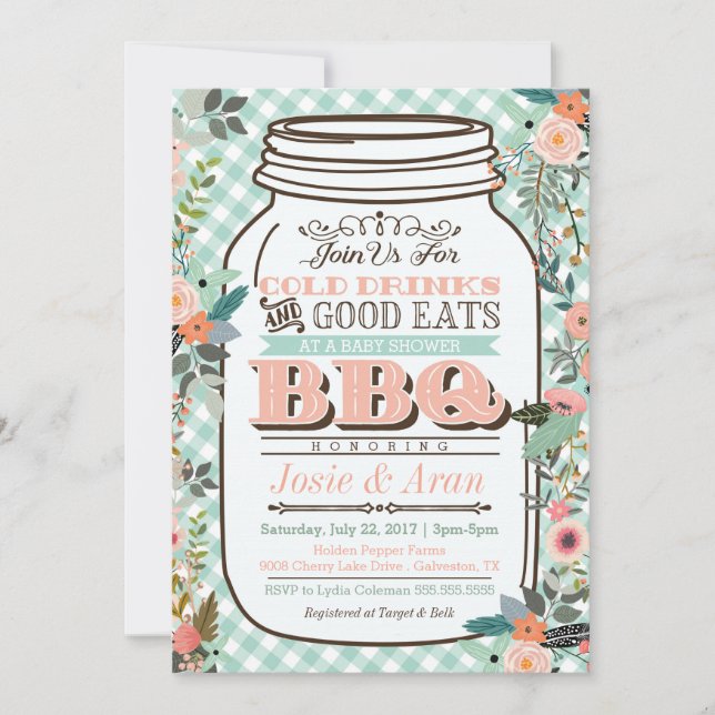 Invitación a Baby Shower de Floral Mason Jar BBQ (Anverso)
