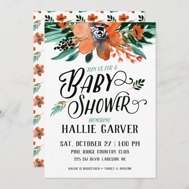 Invitación a Baby Shower de floral otoño (Anverso / Reverso)