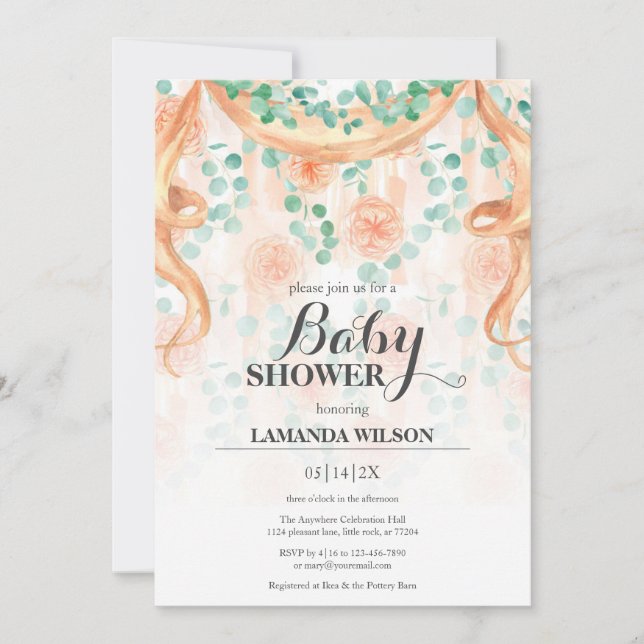 Invitación a Baby Shower de Floral Peach & Green B (Anverso)