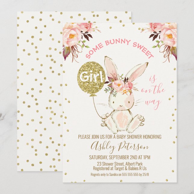 Invitación a Baby Shower de Floral Pink Gold Bunny (Anverso / Reverso)