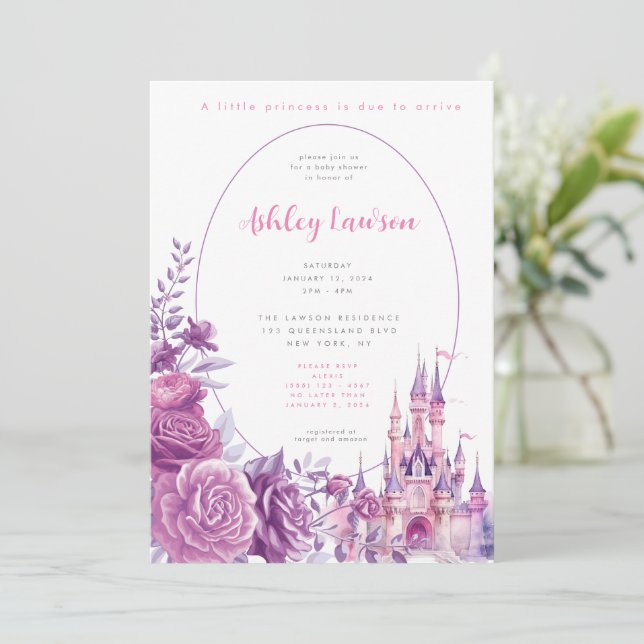 Invitación a Baby Shower de Floral Princess (Anverso de pie)