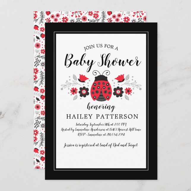 Invitación a Baby Shower de Floral Red Ladybug (Anverso / Reverso)