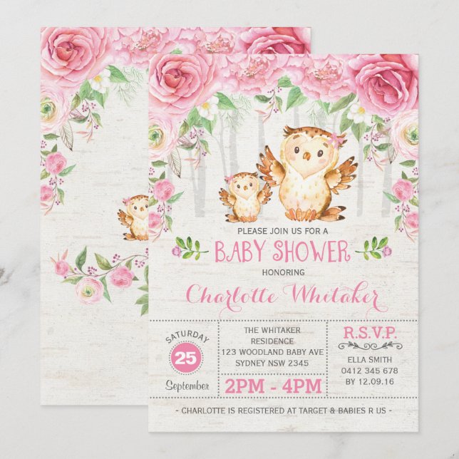 Invitación a Baby Shower de Floral rosa de búho de (Anverso / Reverso)