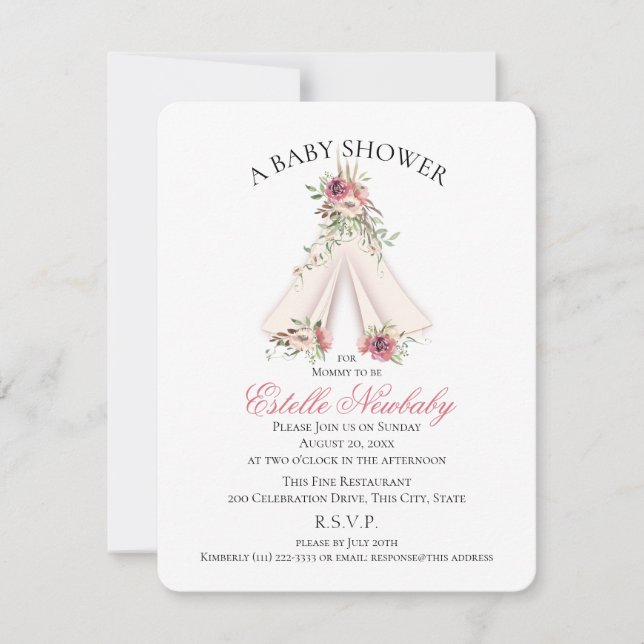 Invitación a Baby Shower de Floral Tee Pee Pink Bo (Anverso)