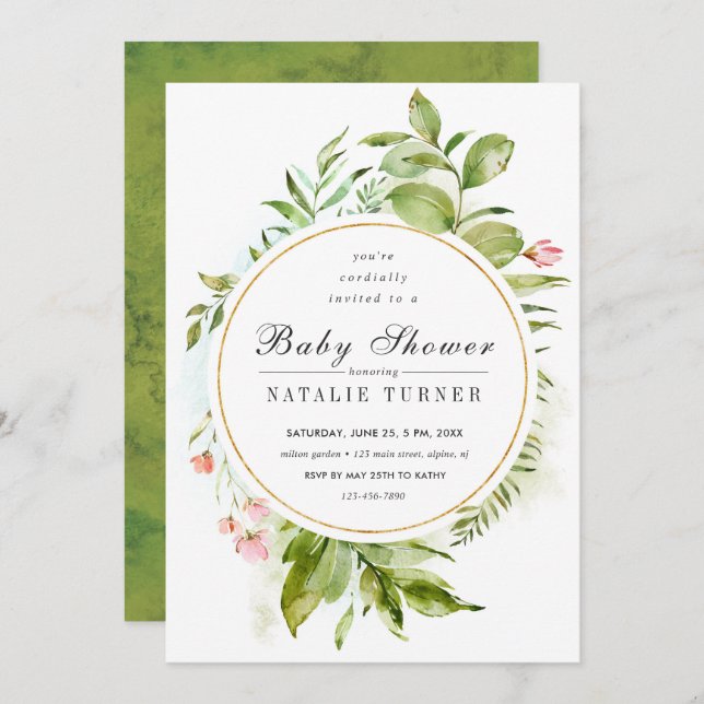 Invitación a Baby Shower de Floral Wild Green Foli (Anverso / Reverso)
