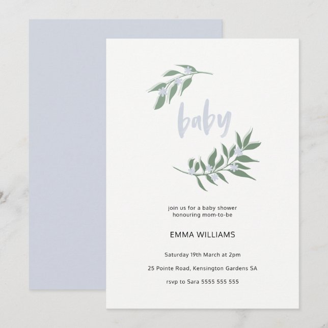 Invitación a Baby Shower de floral Wreath | Azul (Anverso / Reverso)
