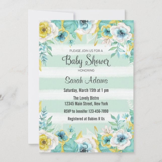 Invitación a Baby Shower de Flores Azules (Anverso)