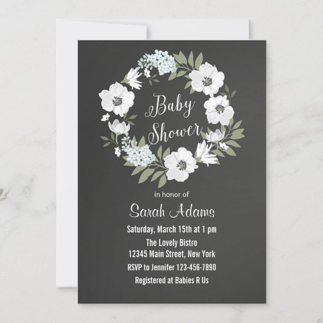 Invitación a Baby Shower de Flores Chalkboard (Anverso)