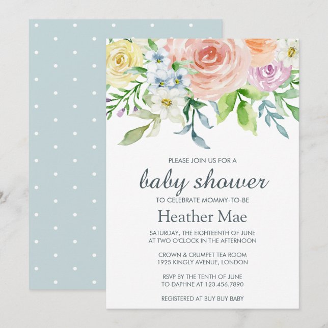 Invitación a Baby Shower de Flores de bonito (Anverso / Reverso)