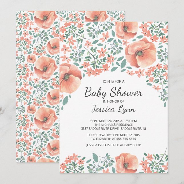 Invitación a Baby Shower de Flores de bonito (Anverso / Reverso)