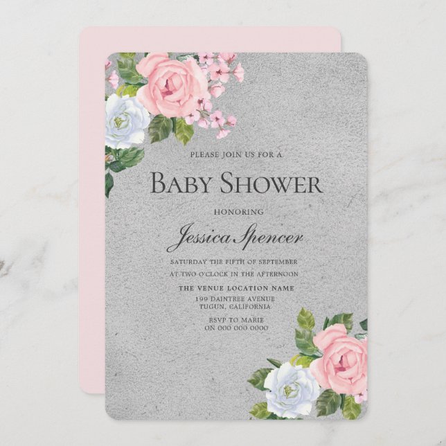 Invitación a Baby Shower de Flores de Plata y Rubo (Anverso / Reverso)