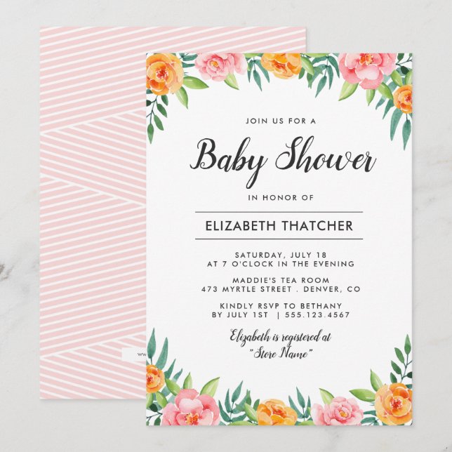 Invitación a Baby Shower de Flores Felices (Anverso / Reverso)