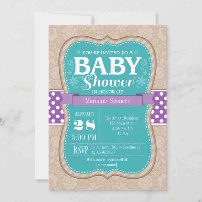 Invitación a Baby Shower de flores moradas verde a (Anverso)