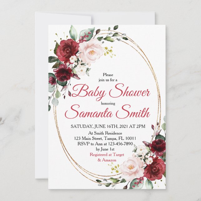 Invitación a Baby Shower de Flores Rojas (Anverso)